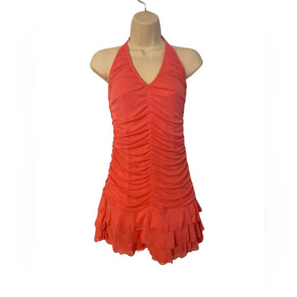 Moda International Dresses & Skirts - MODA International Y2K Ruched Mini Coral Halter Dress Size XS